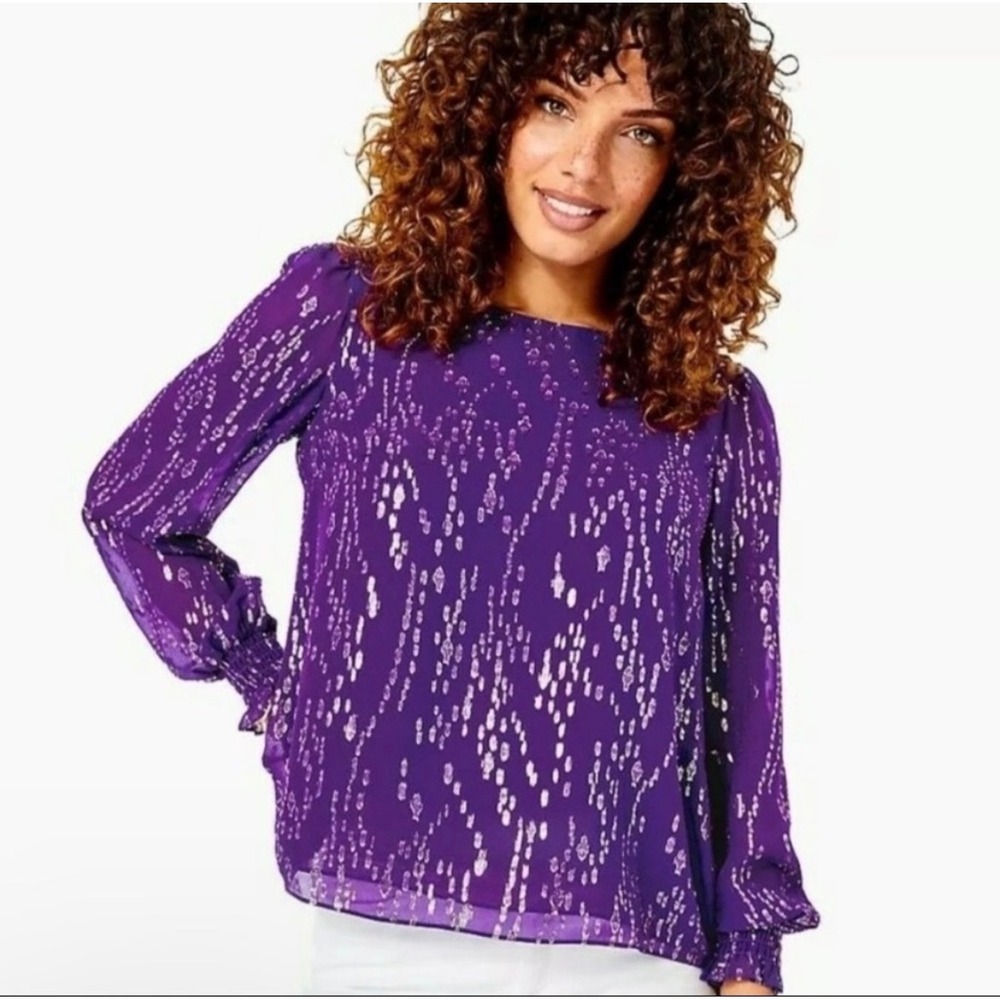 Lilly Pulitzer Idina Silk Metallic‎ Gold Blouse in Purple Berry Medium
